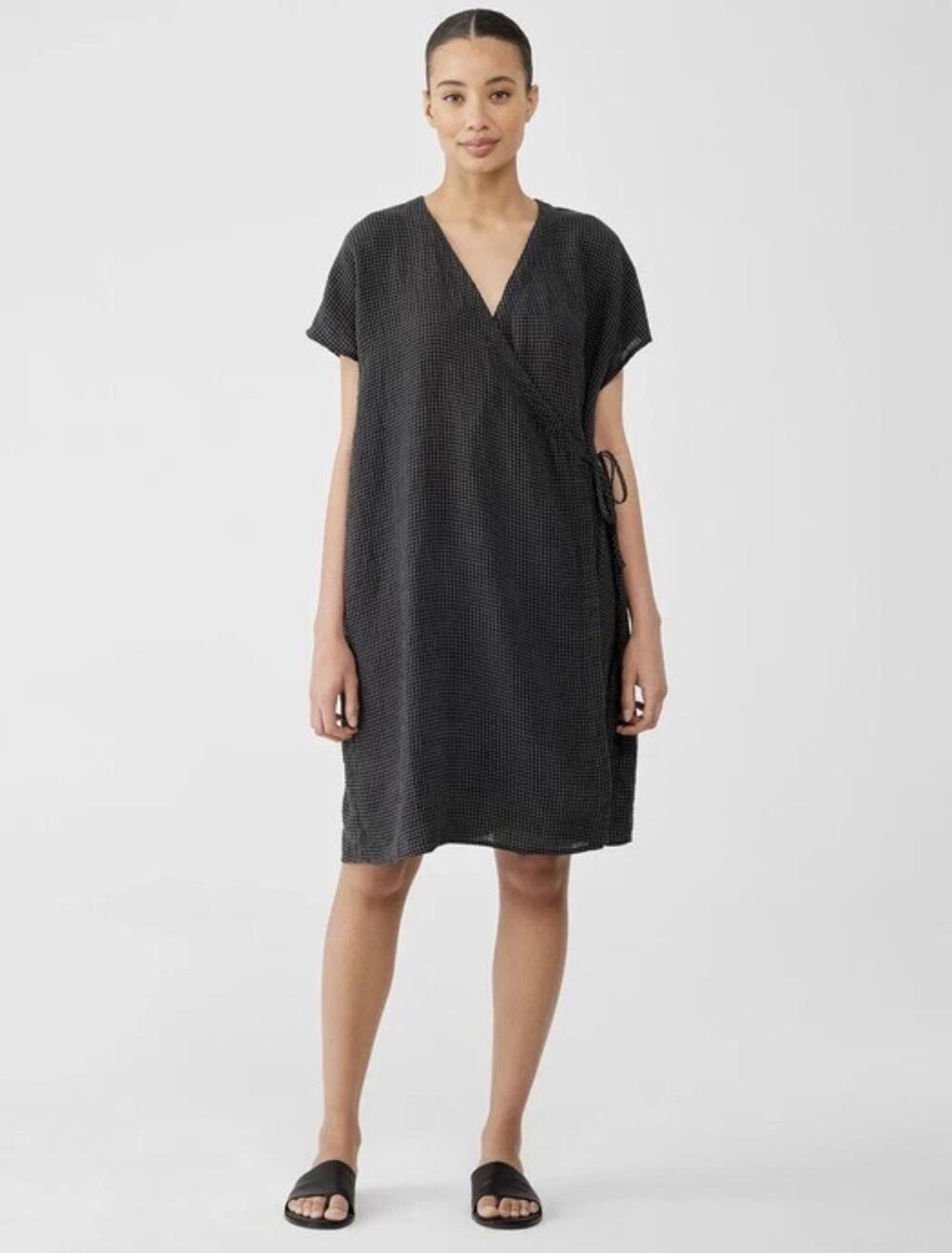 Eileen Fisher Organic Linen Wrap Dress Short Sleeve Charcoal Gray Small SP